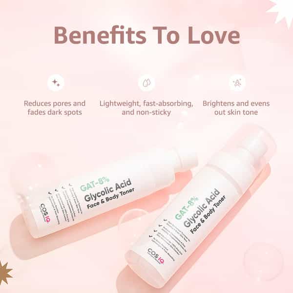 Cos-Iq Gat-8% Glycolic Acid Face Toner - Glycerine & Cucumber Extract - Glowing Even Skin - 100Ml