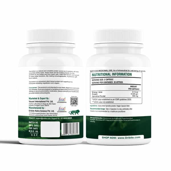 Oribite Spirulina Superfood Capsules For Energy & Detox 60 Capsules