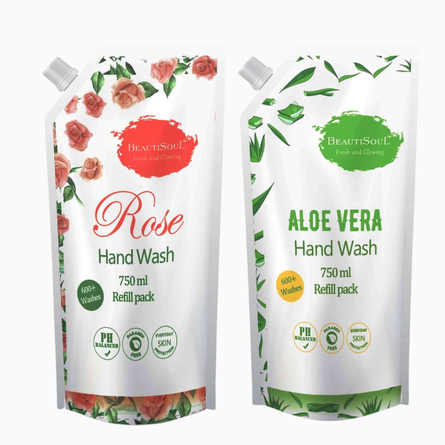 Beautisoul Rose Handwash & Beautisoul Aloe Vera Handwash Refill Pouch|Ph Balanced (Pack Of 2, 750ml)