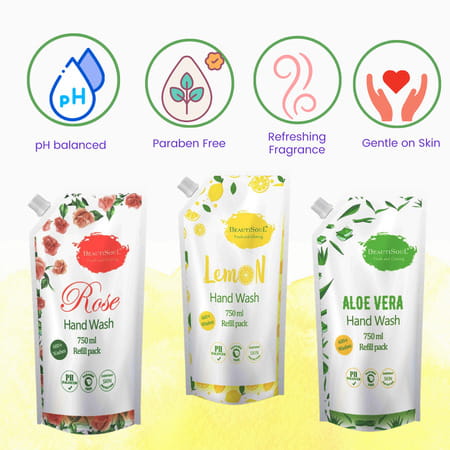 Beautisoul Rose Handwash & Beautisoul Aloe Vera Handwash Refill Pouch|Ph Balanced (Pack Of 2, 750ml)