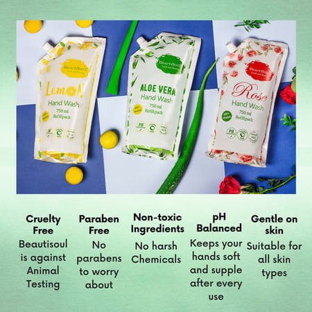 Beautisoul Rose Handwash & Beautisoul Aloe Vera Handwash Refill Pouch|Ph Balanced (Pack Of 2, 750ml)