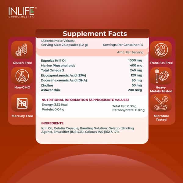 Inlife Krill Oil (Superba) Phospholipid Omega 3 With Astaxanthin 500 Mg - 30 Capsules