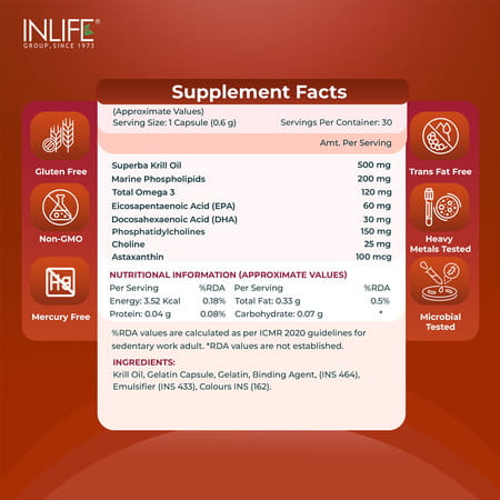 Inlife Krill Oil (Superba) Phospholipid Omega 3 With Astaxanthin 500 Mg - 30 Capsules