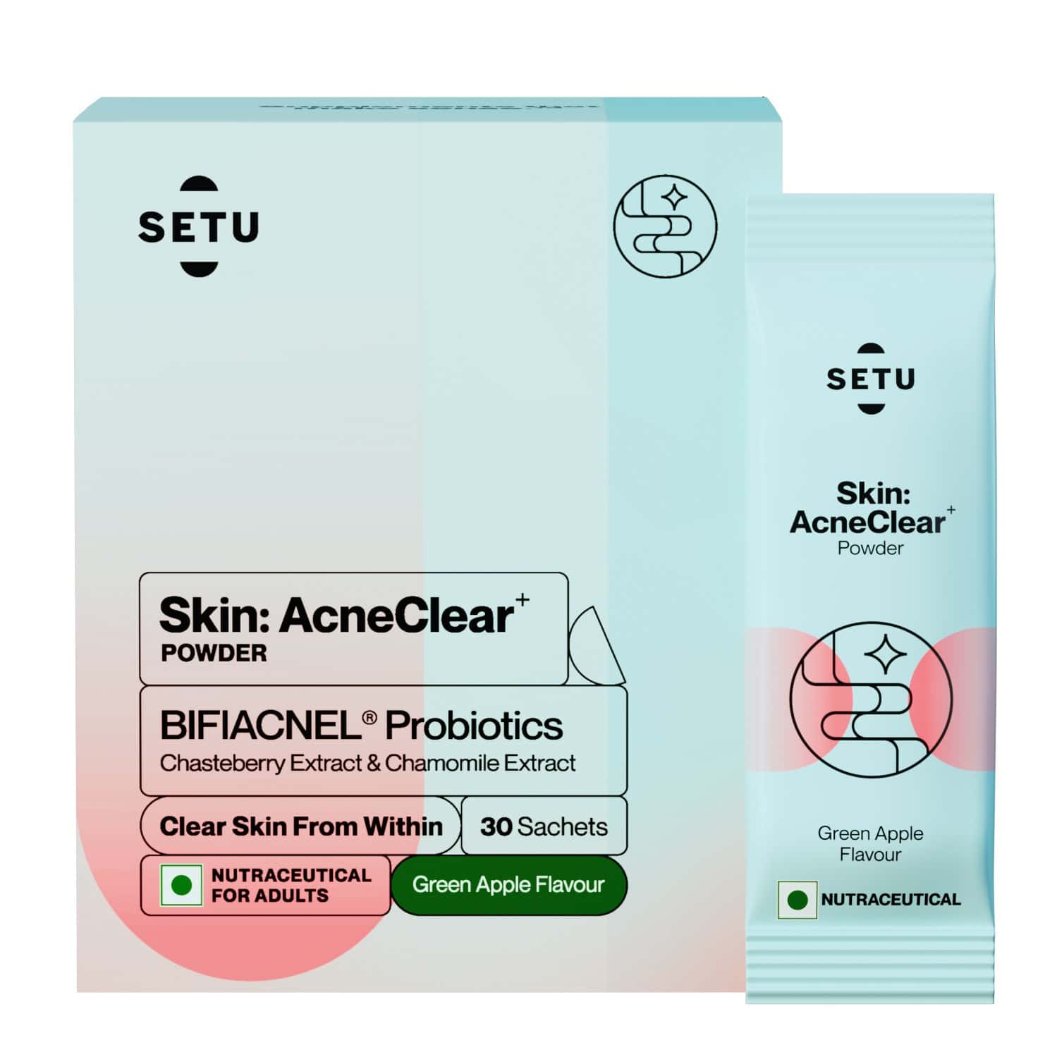 Setu Skin Acneclear+ | Bifiacnel Probiotics | Chasteberry & Chamomile | Green Apple - 30 Sachets