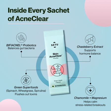 Setu Skin Acneclear+ | Bifiacnel Probiotics | Chasteberry & Chamomile | Green Apple - 30 Sachets