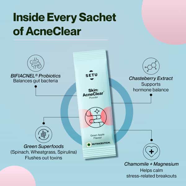 Setu Skin Acneclear+ | Bifiacnel Probiotics | Chasteberry & Chamomile | Green Apple - 30 Sachets