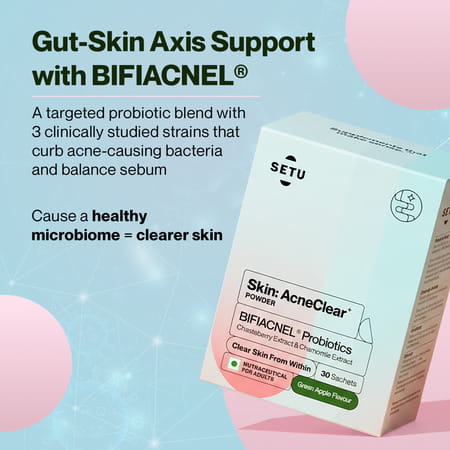 Setu Skin Acneclear+ | Bifiacnel Probiotics | Chasteberry & Chamomile | Green Apple - 30 Sachets