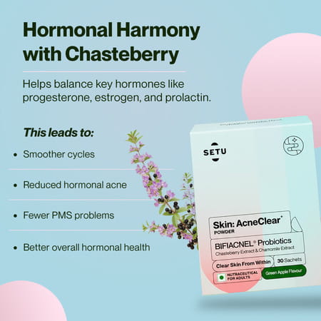 Setu Skin Acneclear+ | Bifiacnel Probiotics | Chasteberry & Chamomile | Green Apple - 30 Sachets
