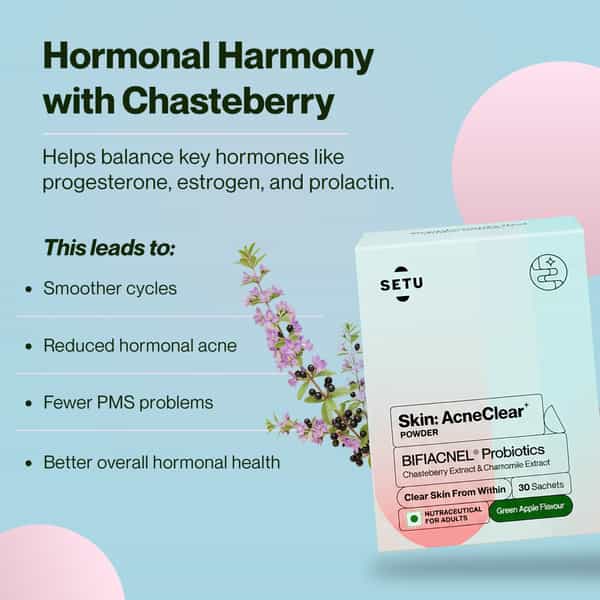 Setu Skin Acneclear+ | Bifiacnel Probiotics | Chasteberry & Chamomile | Green Apple - 30 Sachets