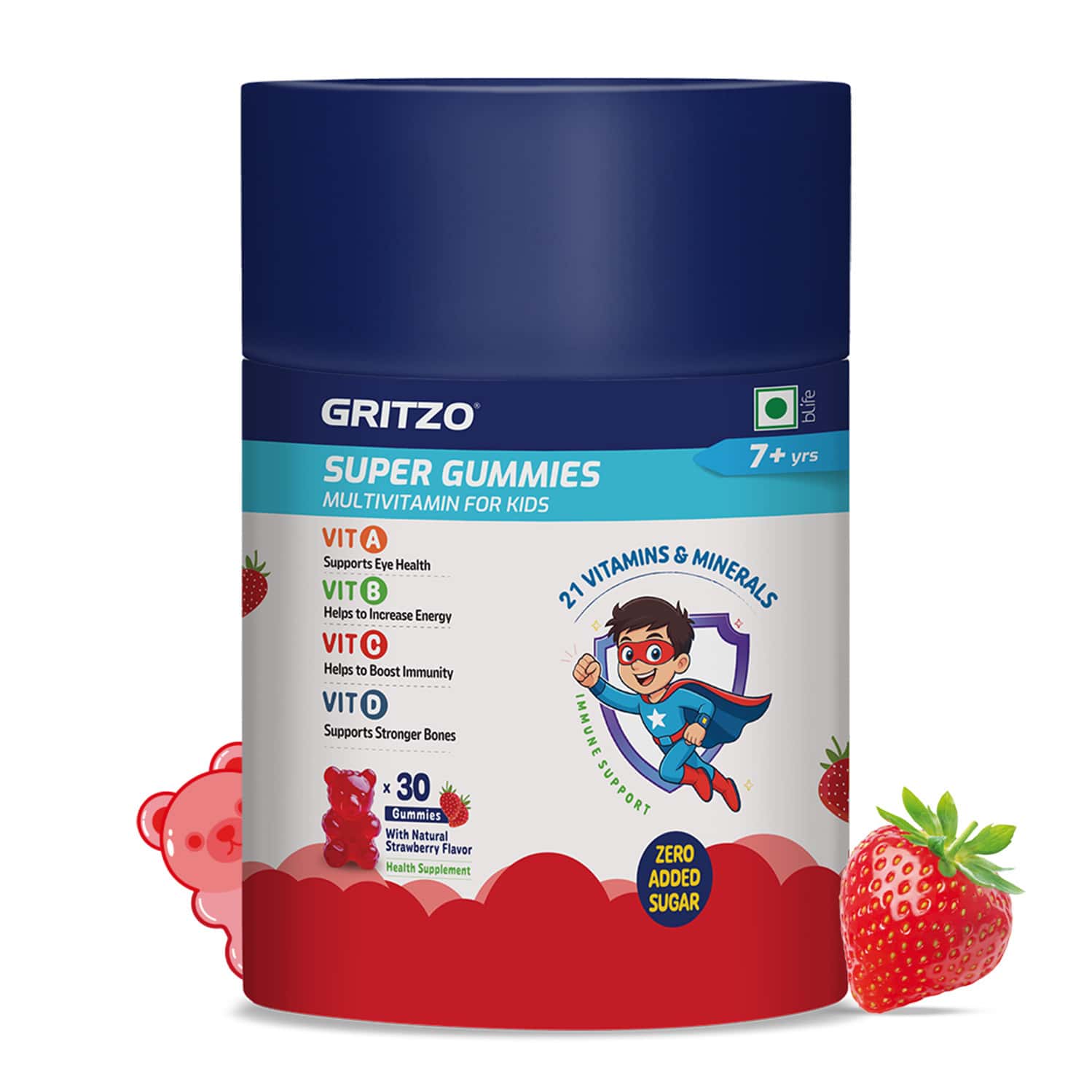 Gritzo Super Gummies Multivitamin For Kids | 7+ Years | (strawberry Flavour | 30 Gummies)
