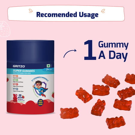 Gritzo Super Gummies Multivitamin For Kids | 7+ Years | (Strawberry Flavour | 30 Gummies)
