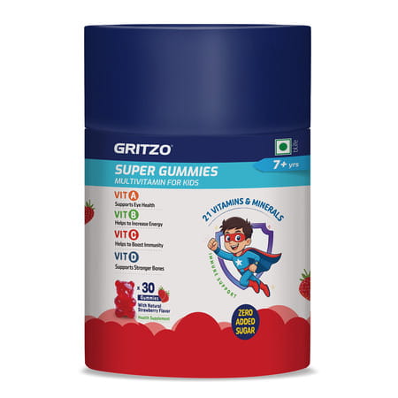 Gritzo Super Gummies Multivitamin For Kids | 7+ Years | (Strawberry Flavour | 30 Gummies)