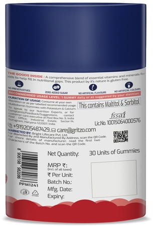 Gritzo Super Gummies Multivitamin For Kids | 7+ Years | (Strawberry Flavour | 30 Gummies)
