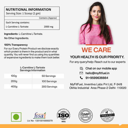Myfitfuel L-Carnitine L-Tartrate (.22 Lbs) 100 Gm (Unflavored)| Fat Loss | Weight Management