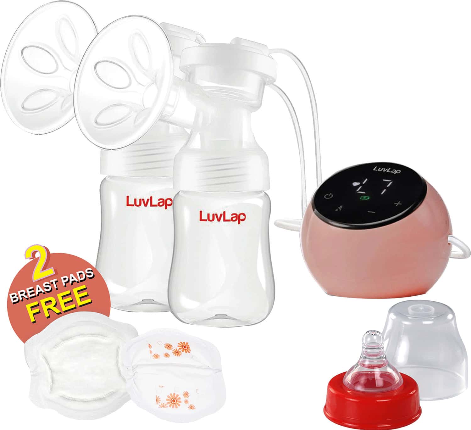 Luvlap Adore Double Electric Breast Pump Silicone Cushion Rechargeable Battery - White And Pink