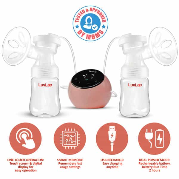 Luvlap Adore Double Electric Breast Pump Silicone Cushion Rechargeable Battery - White And Pink
