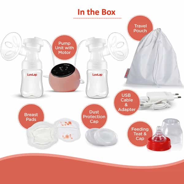 Luvlap Adore Double Electric Breast Pump Silicone Cushion Rechargeable Battery - White And Pink