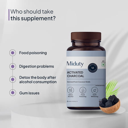 Miduty Activated Coconut Charcoal Edible Supplement-Teeth Whitening | Detox | Microporous- 60n