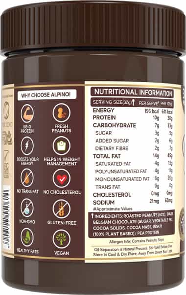 Alpino High Protein Dark Chocolate Peanut Butter Smooth 400 G | 100% Plant Based