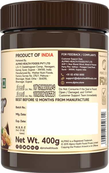 Alpino High Protein Dark Chocolate Peanut Butter Smooth 400 G | 100% Plant Based