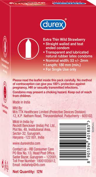 Durex Extra Thin Wild Strawberry Flavour Box Of 12 Condoms