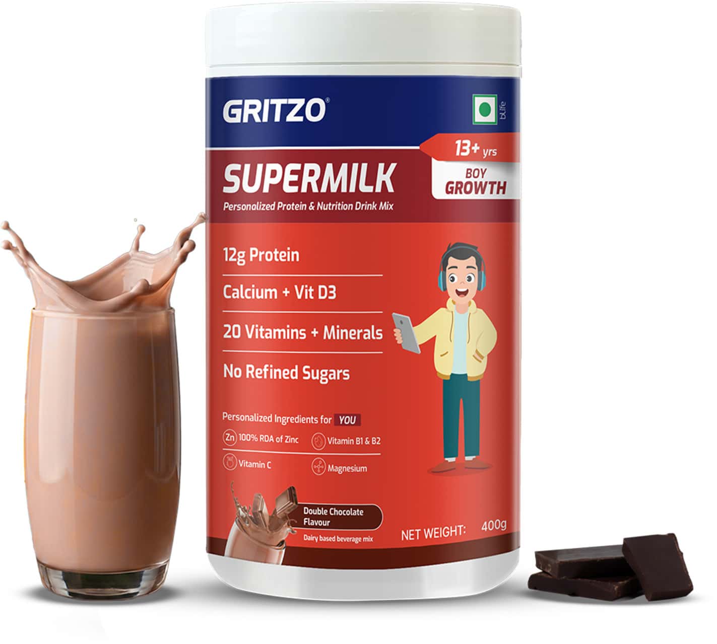 Gritzo Supermilk Growth (13+y Boys) | 12g Protein (double Chocolate | 400g) | Zero Refined Sugar