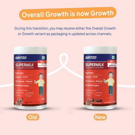 Gritzo Supermilk Growth (13+Y Boys) | 12G Protein (Double Chocolate | 400G) | Zero Refined Sugar