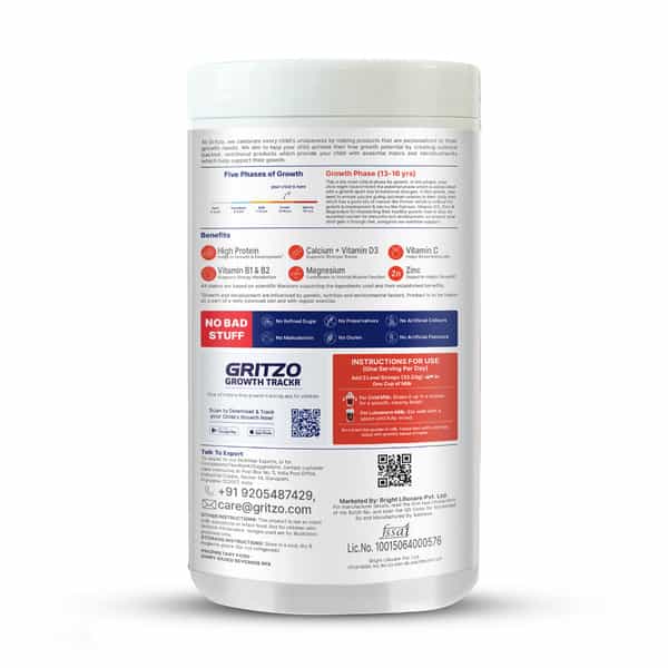 Gritzo Supermilk Growth (13+Y Boys) | 12G Protein (Double Chocolate | 400G) | Zero Refined Sugar