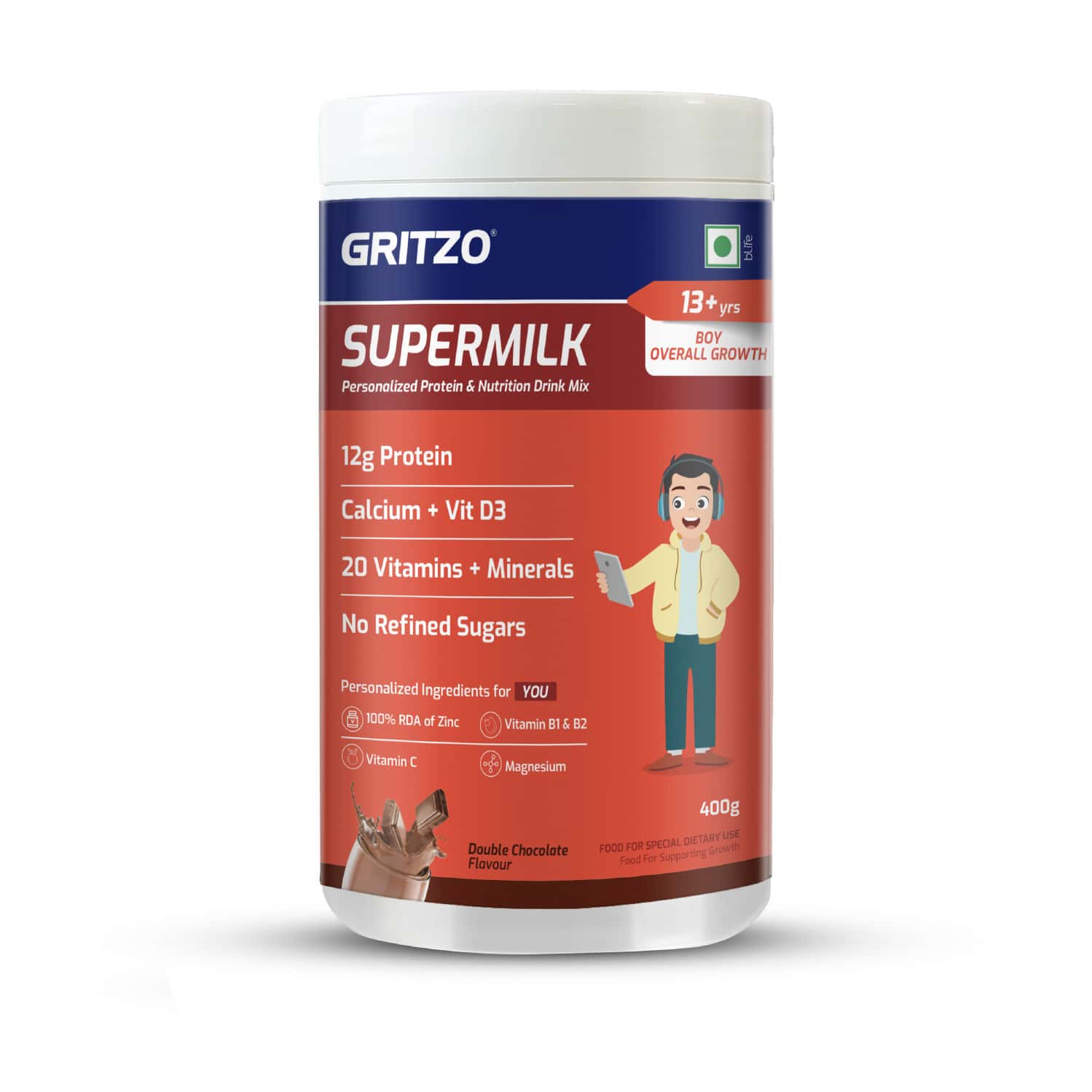 Gritzo Supermilk Overall Growth (13+y Boys) | 12g Protein Powder (double Chocolate | 400g)