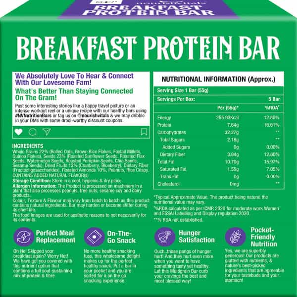 Nourishvitals Breakfast Protein Bar Pie Nuts & Seeds No Added Sugar Or Artificial Flavors 275G