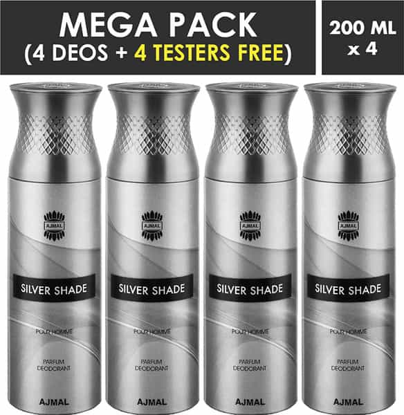 Ajmal Silver Shade Deodorant Spray - For Men (200 Ml Pack Of 4) + Parfum Testers Free