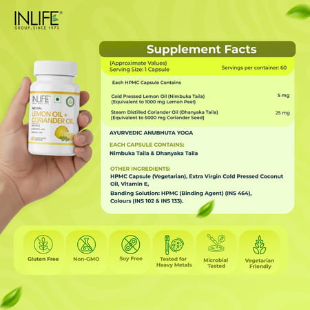 Inlife Natural Lemon Coriander Oil Capsules | Kindey Support Supplement | Veg- 60N