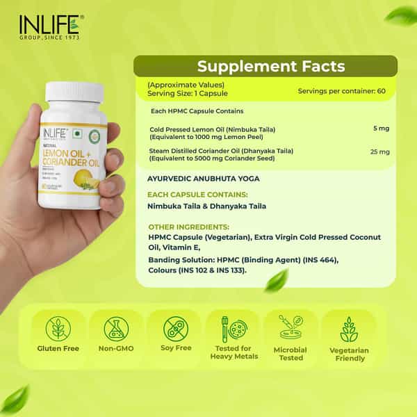 Inlife Natural Lemon Coriander Oil Capsules | Kindey Support Supplement | Veg- 60N