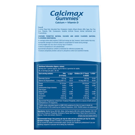 Calcimax Gummies Strawberry Flavour Sugar Free For Kids And Adults 60 Nos