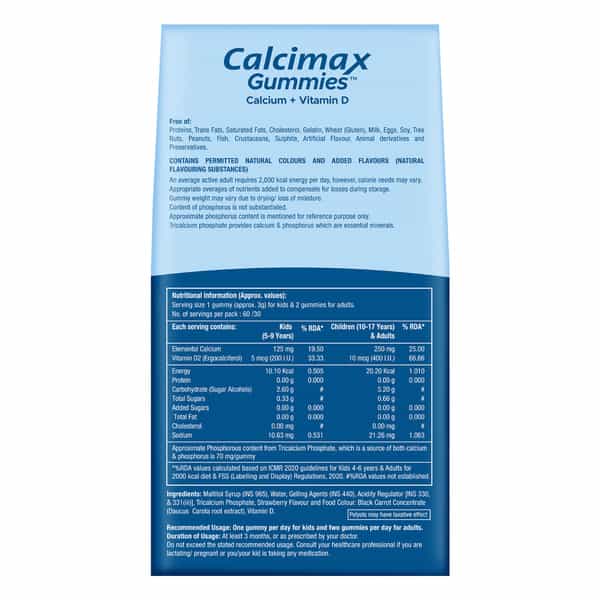 Calcimax Gummies Strawberry Flavour Sugar Free For Kids And Adults 60 Nos