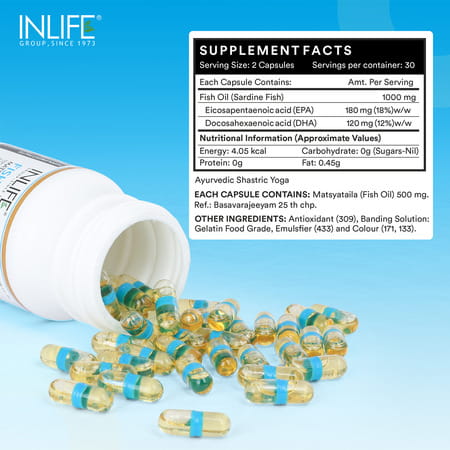 Inlife Fish Oil Capsules Omega 3 | 1000mg | 180mg Epa & 120mg Dha - 60 Liquid Filled Capsules