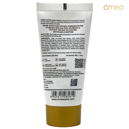 Omeo Coffee Hand Cream | Velvety & Smooth Brightening Skin | Unisex - 50G