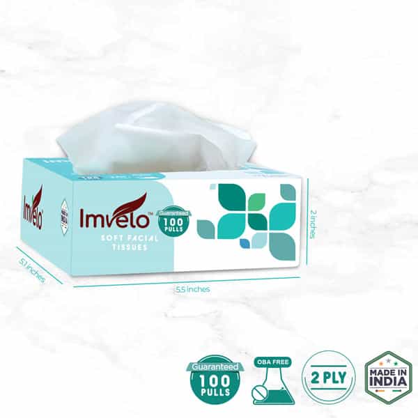Imvelo 2 Ply Facial Tissues Box | Car Pack (Pack Of 10) Each Pack 100 Pulls 200 Sheets | Ultra Soft