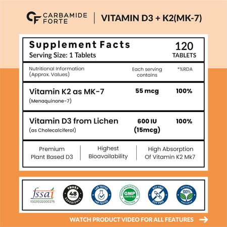 Carbamide Forte Vitamin D3+K2 Mk7 Bottle Of 120 Veg Tablets