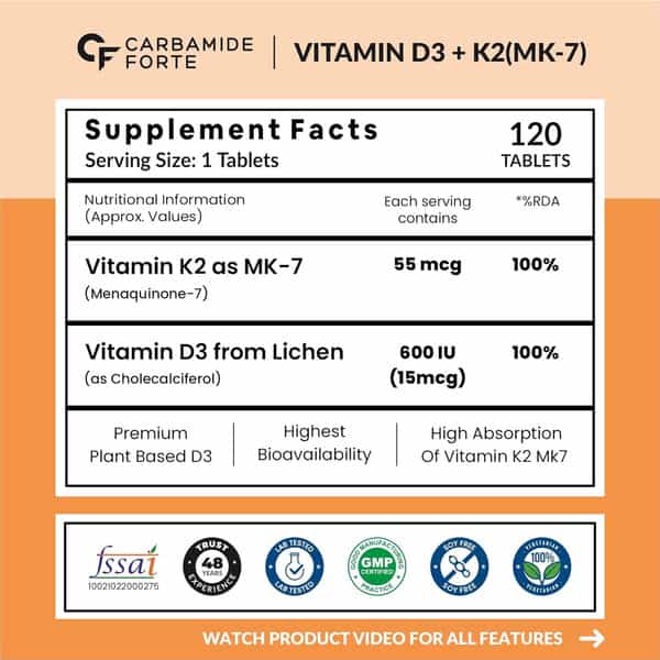Carbamide Forte Vitamin D3+K2 Mk7 Bottle Of 120 Veg Tablets