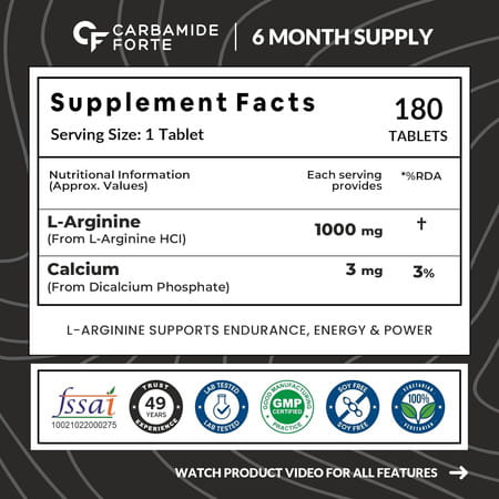 Carbamide Forte L Arginine | Boosts Nitric Oxide Production | Improved Oxygen Flow -Veg 180 Tablets
