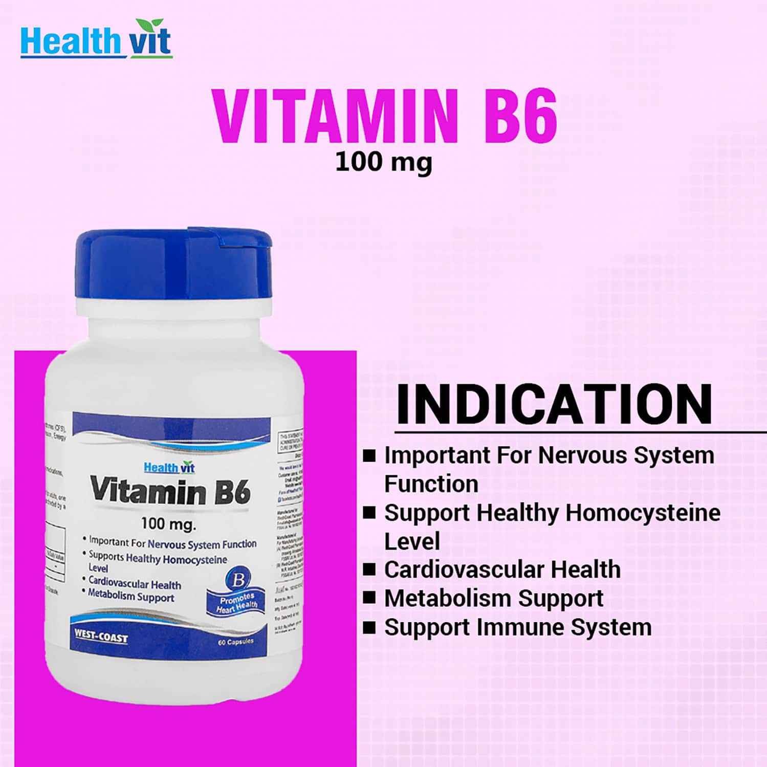 Buy HEALTHVIT VITAMIN B6 100 MG 60 CAPSULES Online & Get Upto 60 OFF