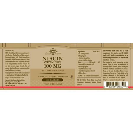 Solgar Niacin Vitamin B3 Tablets | 100 Mg | 100 Count