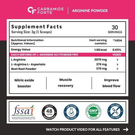 Carbamide Forte L Arginine Powder Supplement | Pre-Workout For Men & Women | Beet Root Powder - 90g