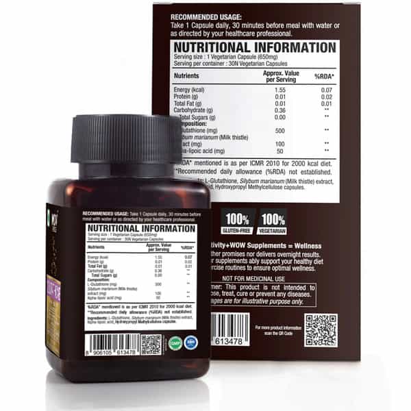 Wow Life Science Glutathione With Milk Thistle Extract 500 Mg - 30 Vegetarian Capsules