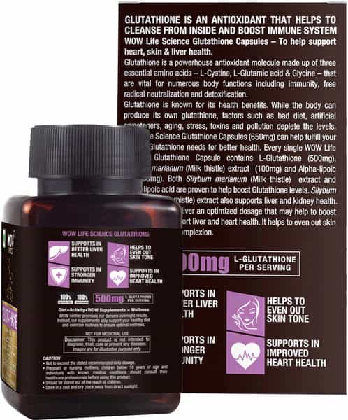 Wow Life Science Glutathione With Milk Thistle Extract 500 Mg - 30 Vegetarian Capsules