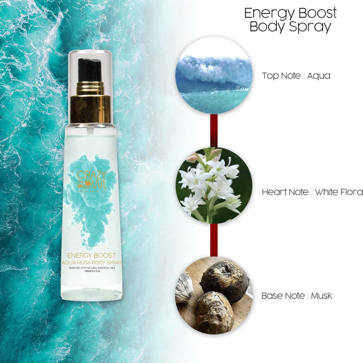 Buy CRAZY OWL ENERGY BOOST AQUA MUSK BODY SPRAY AQUATIC MUSKY FRAGRANCE ESSENTIAL OILS (100ML