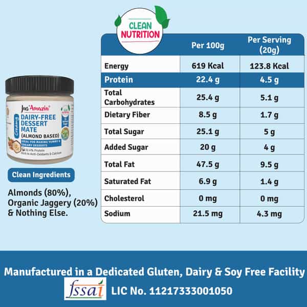 Jus Amazin Dairy-Free Dessert Mate (Almond Based)-200G Sweetened With Jaggery|Clean Nutrition