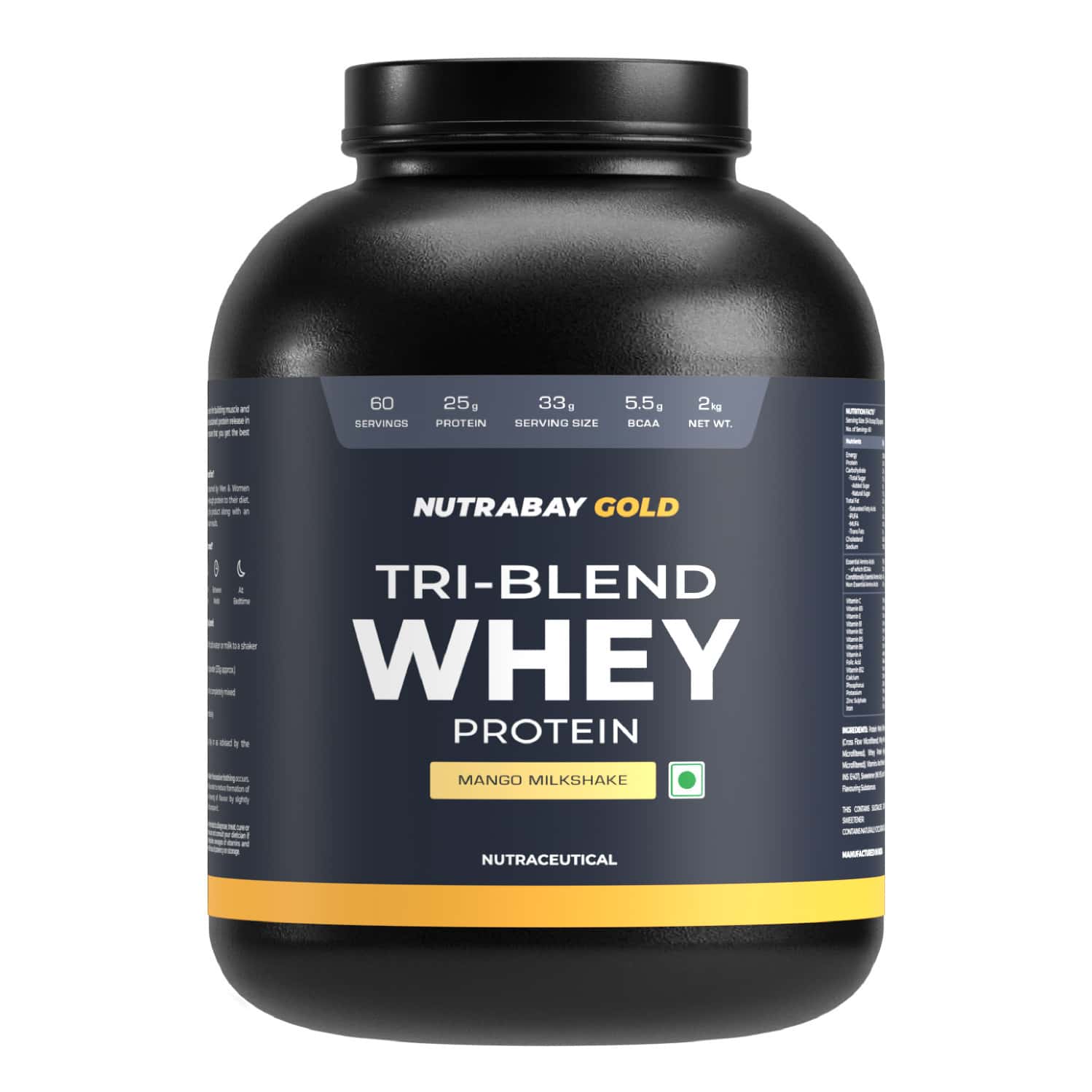 Nutrabay Gold Tri Blend Whey Protein Powder - 25g Protein | 5.5g Bcaa - 2kg | Mango Milkshake