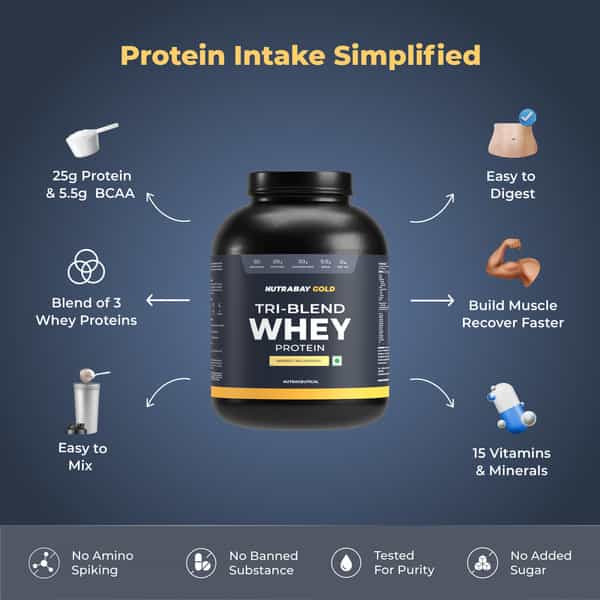 Nutrabay Gold Tri Blend Whey Protein Powder - 25G Protein | 5.5G Bcaa - 2Kg | Mango Milkshake
